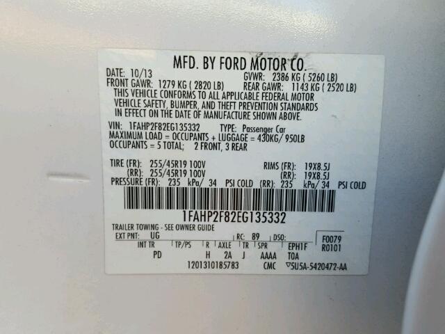 1FAHP2F82EG135332 - 2014 FORD TAURUS LIM WHITE photo 10