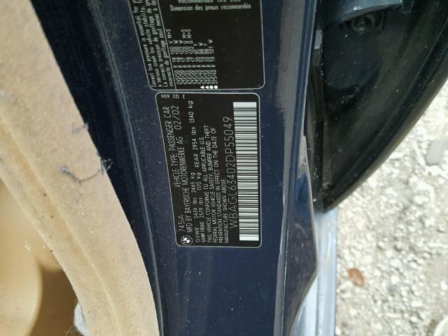 WBAGL63402DP55049 - 2002 BMW 745 I BLUE photo 10