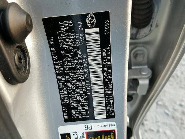 4T1BF1FK5CU188593 - 2012 TOYOTA CAMRY BASE SILVER photo 10