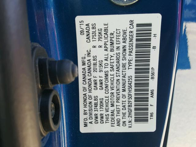 2HGFB2F50FH564255 - 2015 HONDA CIVIC LX BLUE photo 10