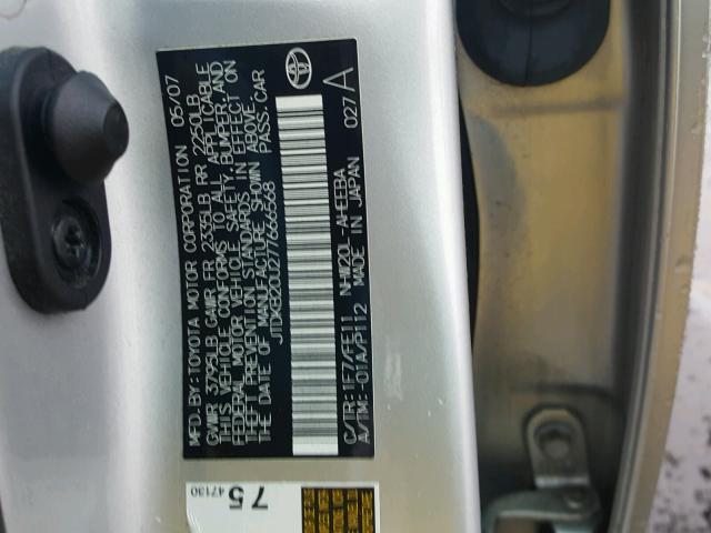 JTDKB20U277666568 - 2007 TOYOTA PRIUS SILVER photo 10