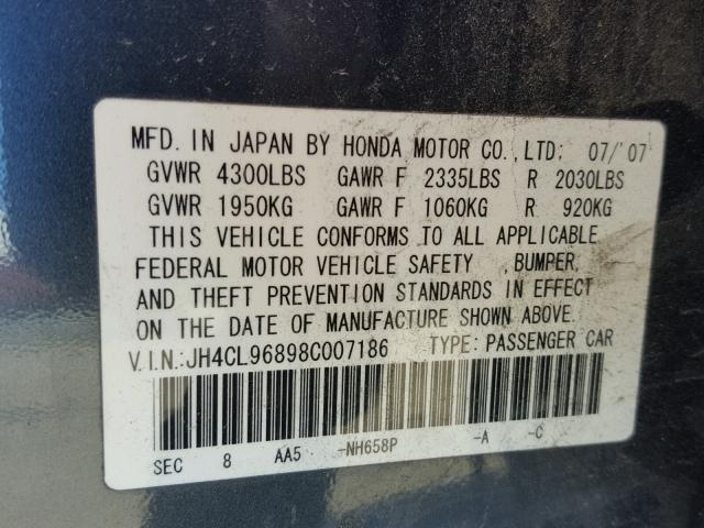 JH4CL96898C007186 - 2008 ACURA TSX GRAY photo 10