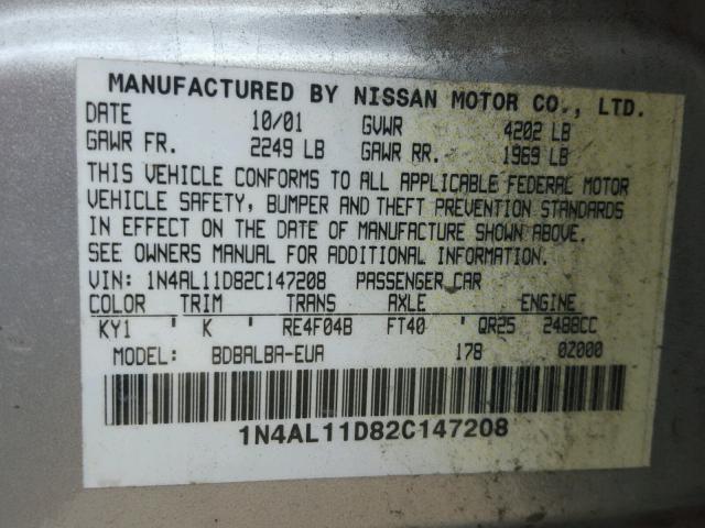 1N4AL11D82C147208 - 2002 NISSAN ALTIMA BAS SILVER photo 10