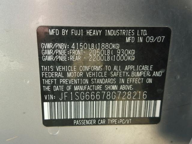 JF1SG66678G728216 - 2008 SUBARU FORESTER S 银色 照片 10