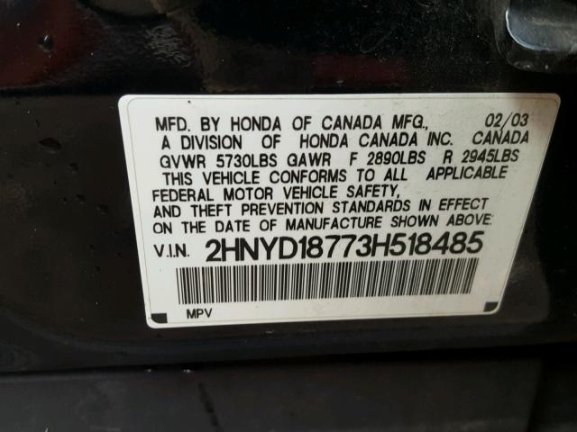 2HNYD18773H518485 - 2003 ACURA MDX TOURIN BLACK photo 10