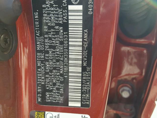 4T1BF30K35U106531 - 2005 TOYOTA CAMRY LE RED photo 10