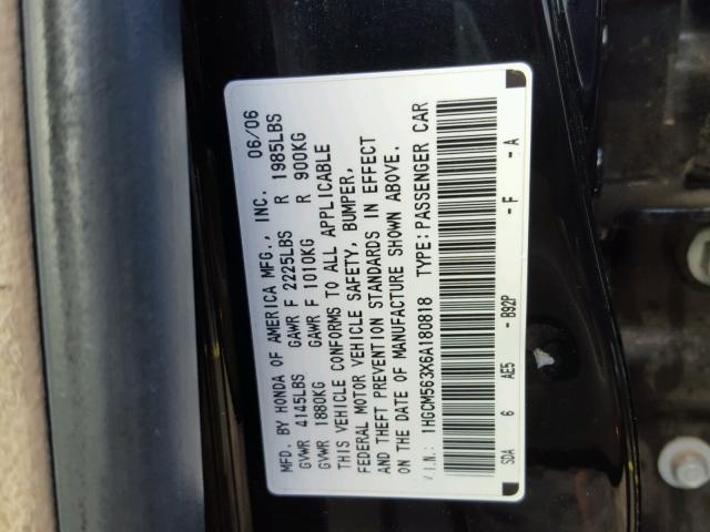 1HGCM563X6A180818 - 2006 HONDA ACCORD SE BLACK photo 10