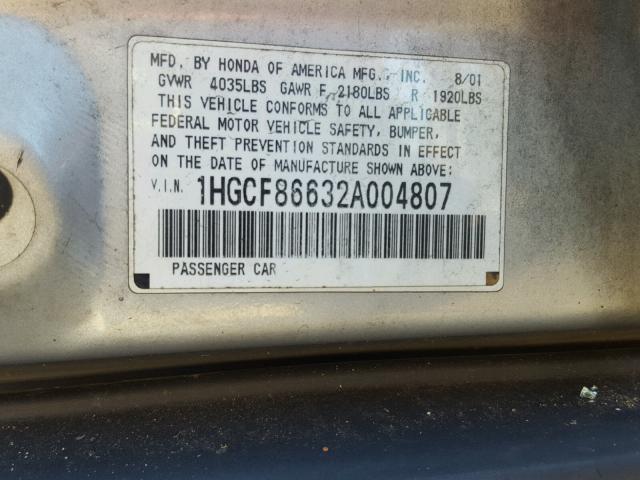 1HGCF86632A004807 - 2002 HONDA ACCORD VAL SILVER photo 10