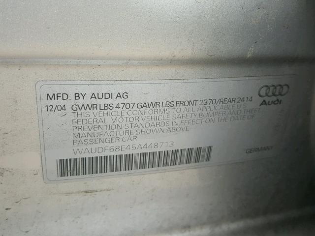 WAUDF68E45A448713 - 2005 AUDI A4 2.0T QU SILVER photo 10