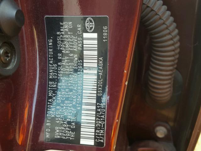 4T1BK36B96U132605 - 2006 TOYOTA AVALON XL Марун фото 10