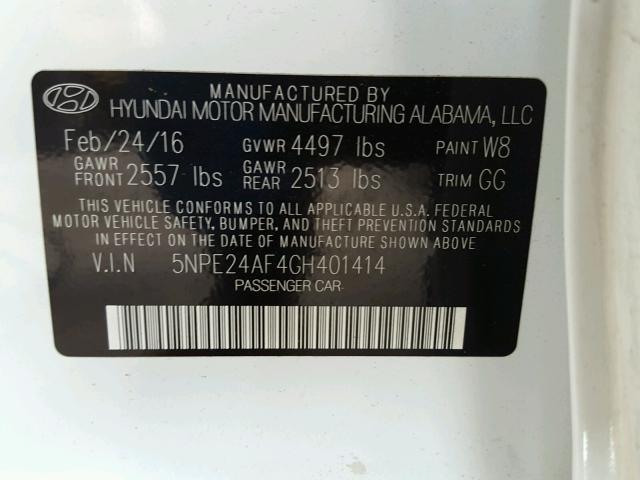 5NPE24AF4GH401414 - 2016 HYUNDAI SONATA SE WHITE photo 10