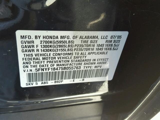 5FNYF18475B055763 - 2005 HONDA PILOT EX BLACK photo 10