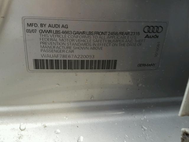 WAUAF78E67A220093 - 2007 AUDI A4 2 GRAY photo 10