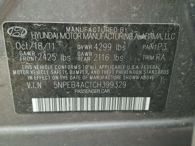 5NPEB4AC1CH399329 - 2012 HYUNDAI SONATA GLS GRAY photo 10