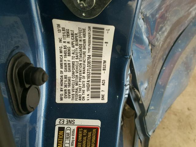 1HGFA16537L038784 - 2007 HONDA CIVIC LX BLUE photo 10