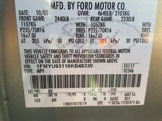 1FMYU93116KB48330 - 2006 FORD ESCAPE XLT GREEN photo 10