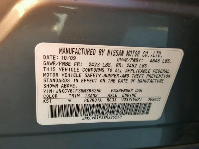 JNKCV61F39M365250 - 2009 INFINITI G37 GRAY photo 10