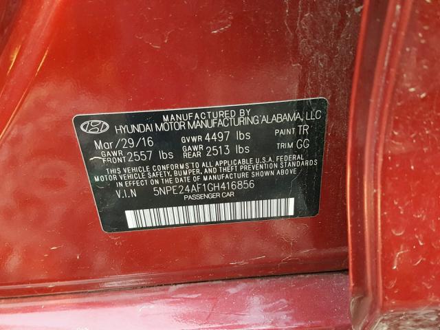 5NPE24AF1GH416856 - 2016 HYUNDAI SONATA SE MAROON photo 10