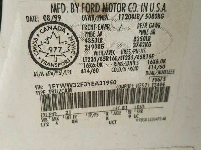 1FTWW32F3YEA31950 - 2000 FORD F350 SUPER WHITE photo 5