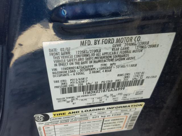 1FMDK02187GA36999 - 2007 FORD FREESTYLE BLUE photo 10