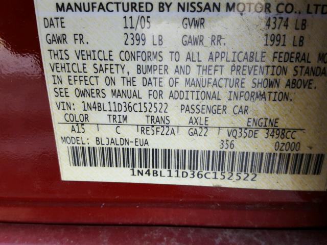 1N4BL11D36C152522 - 2006 NISSAN ALTIMA SE RED photo 10