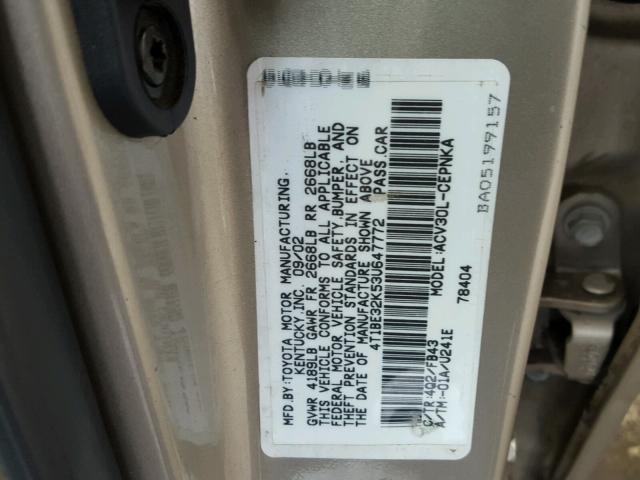 4T1BE32K53U647772 - 2003 TOYOTA CAMRY LE ბეჟი ფოტო 10