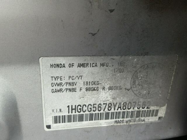 1HGCG5678YA807562 - 2000 HONDA ACCORD SE SILVER photo 10