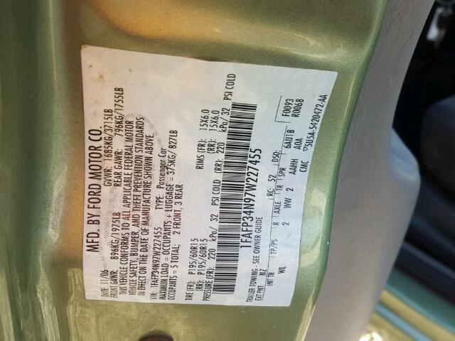 1FAFP34N97W227455 - 2007 FORD FOCUS ZX4 GREEN photo 10