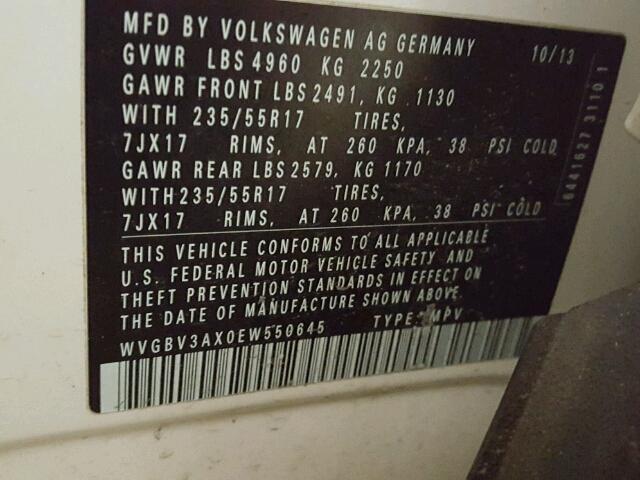 WVGBV3AX0EW550645 - 2014 VOLKSWAGEN TIGUAN S WHITE photo 10