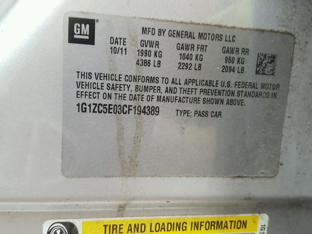 1G1ZC5E03CF194389 - 2012 CHEVROLET MALIBU 1LT SILVER photo 10