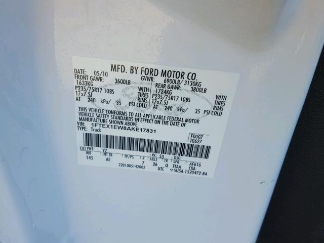 1FTEX1EW8AKE17831 - 2010 FORD F150 SUPER WHITE photo 10