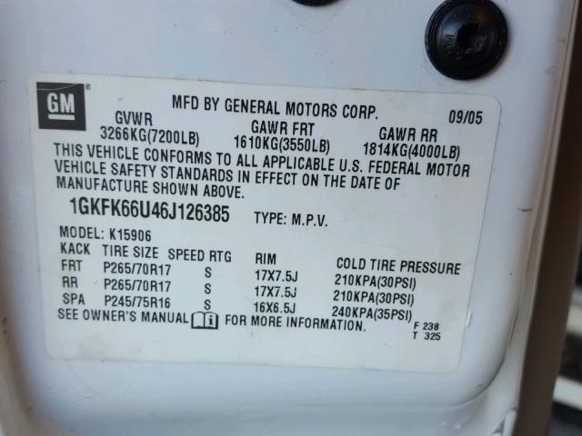 1GKFK66U46J126385 - 2006 GMC YUKON XL D WHITE photo 10