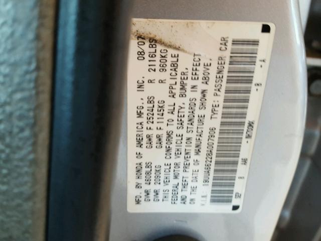 19UUA66228A007906 - 2008 ACURA TL SILVER photo 10