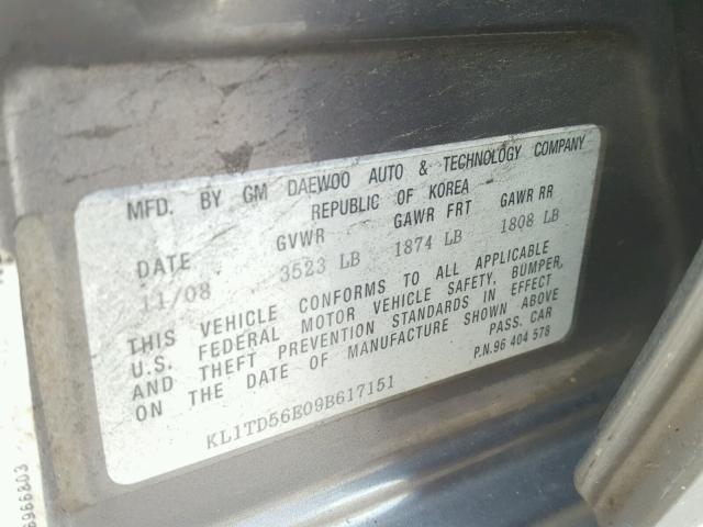 KL1TD56E09B617151 - 2009 CHEVROLET AVEO LS GRAY photo 10