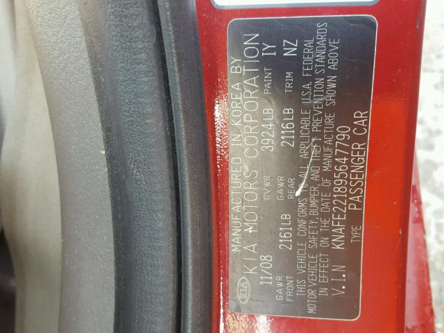 KNAFE221895647790 - 2009 KIA SPECTRA EX RED photo 10