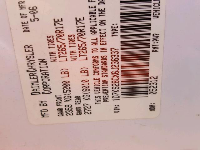 1D7KS28CX6J236337 - 2006 DODGE RAM 2500 S WHITE photo 10