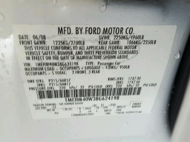 1MEHM40W38G624198 - 2008 MERCURY SABLE LUXU WHITE photo 10