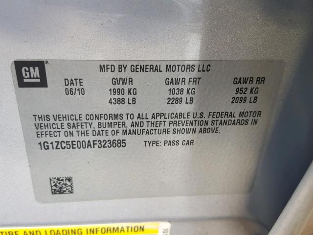 1G1ZC5E00AF323685 - 2010 CHEVROLET MALIBU 1LT 银色 照片 10