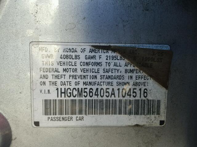 1HGCM56405A104516 - 2005 HONDA ACCORD LX GRAY photo 10