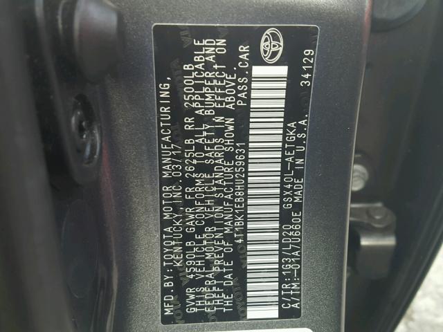 4T1BK1EB8HU259631 - 2017 TOYOTA AVALON XLE GRAY photo 10