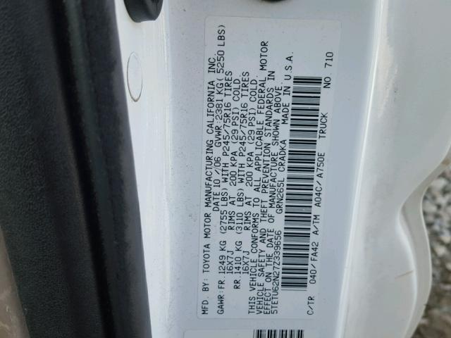 5TETU62N27Z339656 - 2007 TOYOTA TACOMA PRE WHITE photo 10