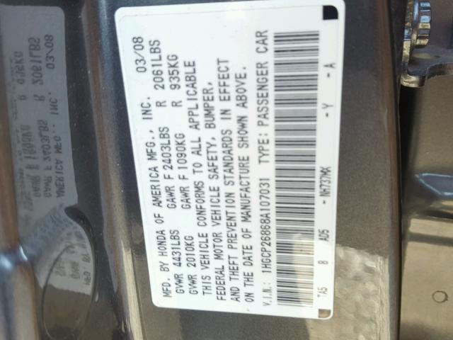 1HGCP26868A107031 - 2008 HONDA ACCORD EXL GRAY photo 10