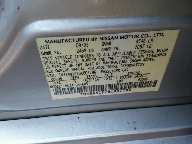 1N4BA41E76C807796 - 2006 NISSAN MAXIMA SE SILVER photo 10