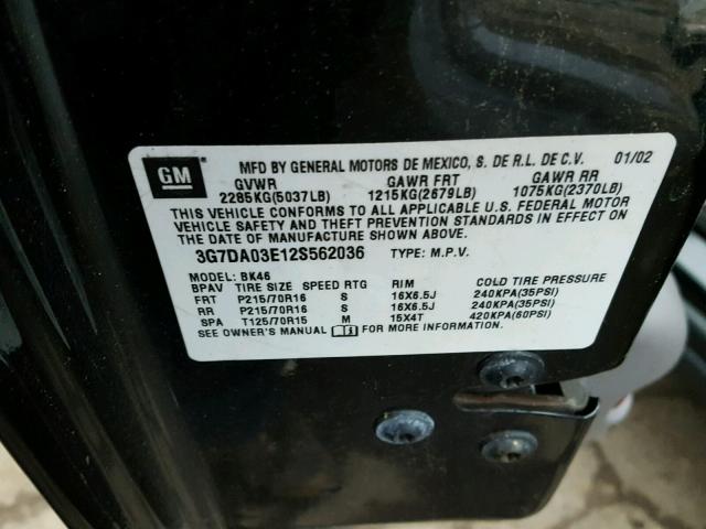 3G7DA03E12S562036 - 2002 PONTIAC AZTEK BLACK photo 10