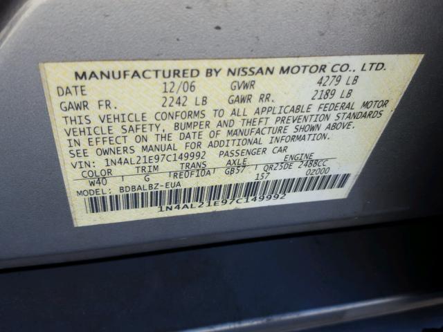 1N4AL21E97C149992 - 2007 NISSAN ALTIMA 2.5 GRAY photo 10