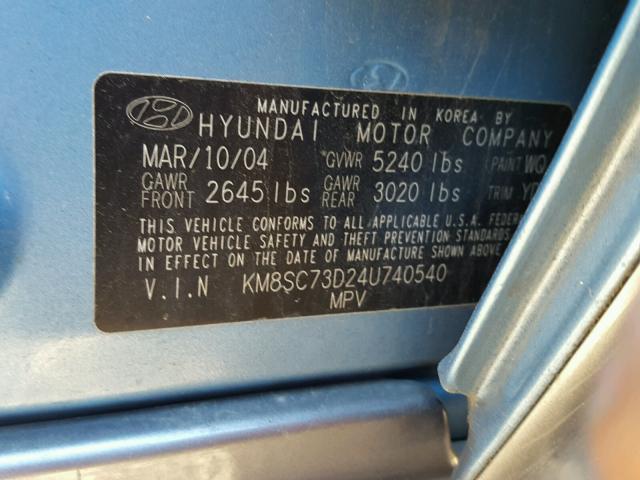 KM8SC73D24U740540 - 2004 HYUNDAI SANTA FE G BLUE photo 10