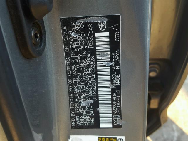 JTDKB22U340053828 - 2004 TOYOTA PRIUS 灰色 照片 10