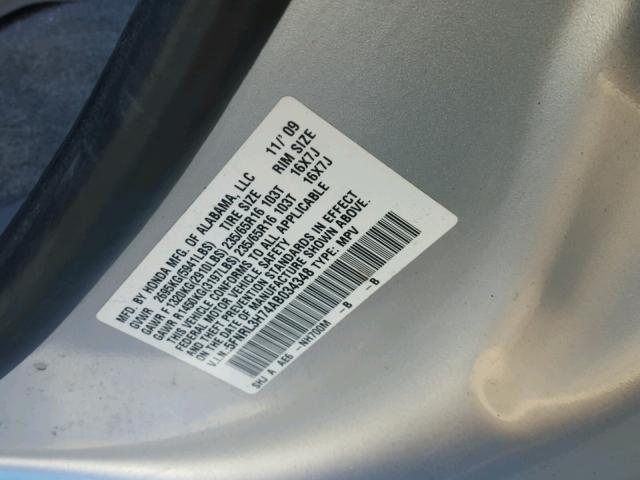 5FNRL3H74AB034348 - 2010 HONDA ODYSSEY EX SILVER photo 10