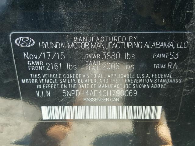 5NPDH4AE4GH790069 - 2016 HYUNDAI ELANTRA SE BLACK photo 10