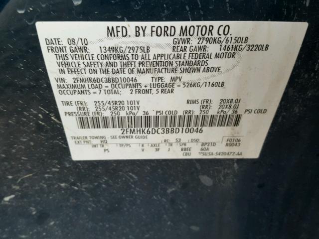 2FMHK6DC3BBD10046 - 2011 FORD FLEX LIMIT TEAL photo 10